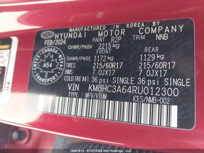 2024 Hyundai Kona Sel VIN: KM8HC3A64RU012300 Lot: 12647813