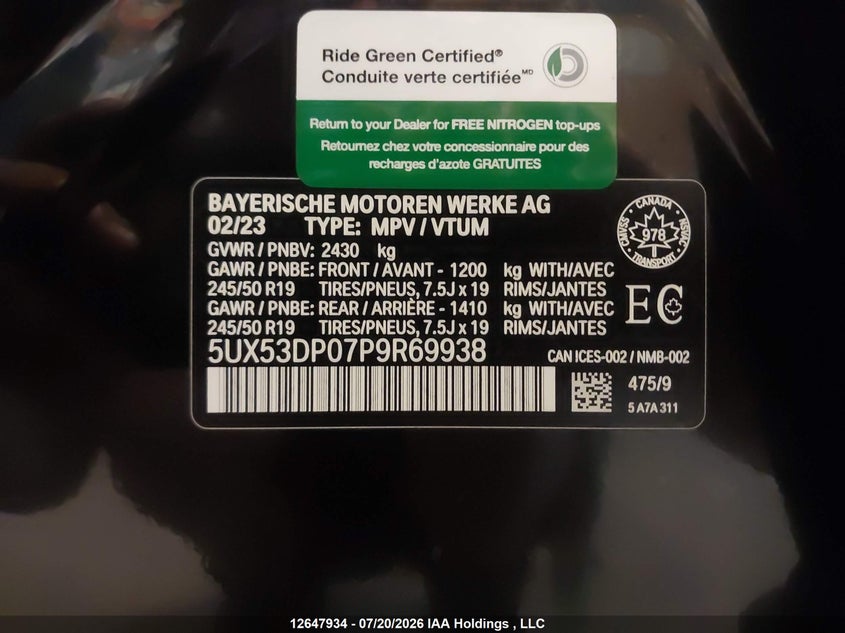2023 BMW X3 xDrive30I VIN: 5UX53DP07P9R69938 Lot: 12647934