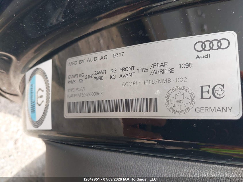 2018 Audi S5 VIN: WAUP4AF50JA003663 Lot: 12647951