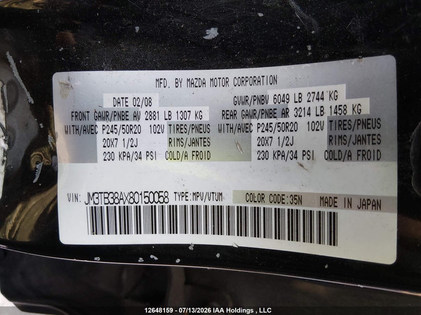 2008 MAZDA CX-9 SPORT UTILITY VEHICLE 3.7L V-6 DOHC, VVT, 273HP