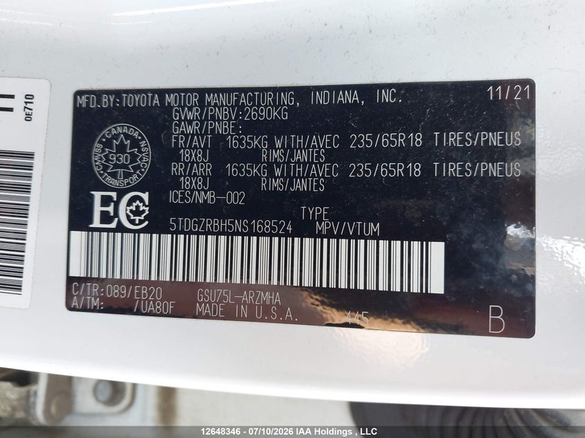 2022 Toyota Highlander Xle VIN: 5TDGZRBH5NS168524 Lot: 12648346