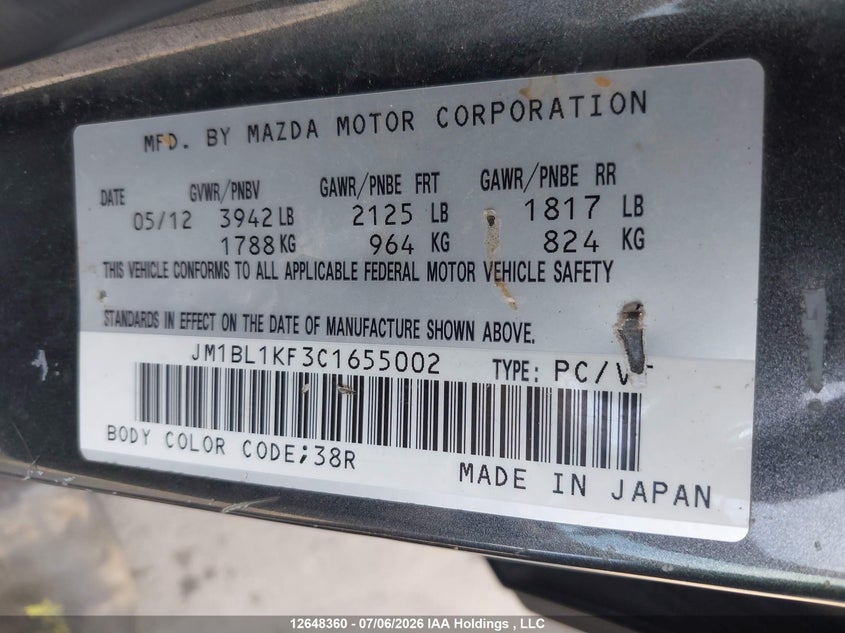 2012 Mazda 3 I VIN: JM1BL1KF3C1655002 Lot: 12648360