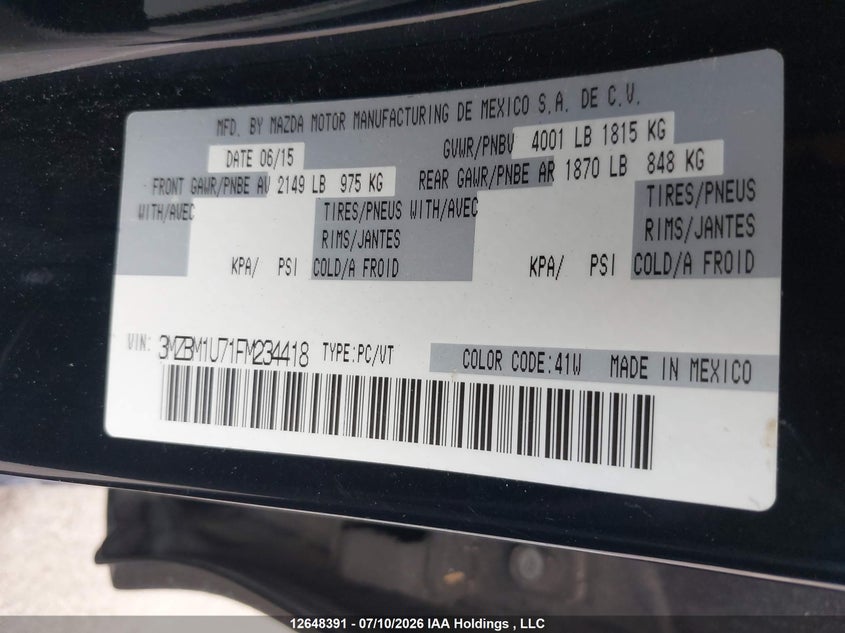 2015 MAZDA 3 HATCHBACK 2.0L I4 FI DOHC 16V NF4