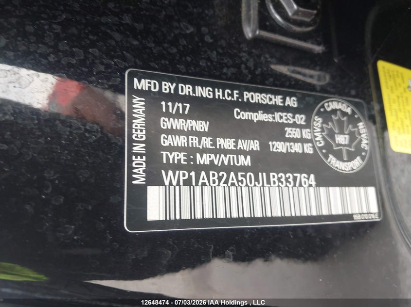 2018 Porsche Macan S VIN: WP1AB2A50JLB33764 Lot: 12648474