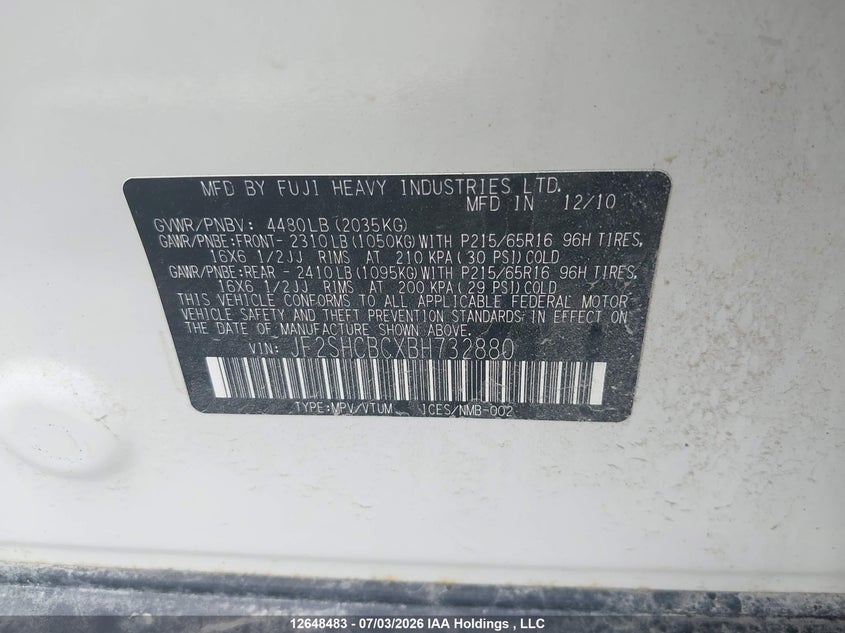 2011 Subaru Forester 2.5X VIN: JF2SHCBCXBH732880 Lot: 12648483