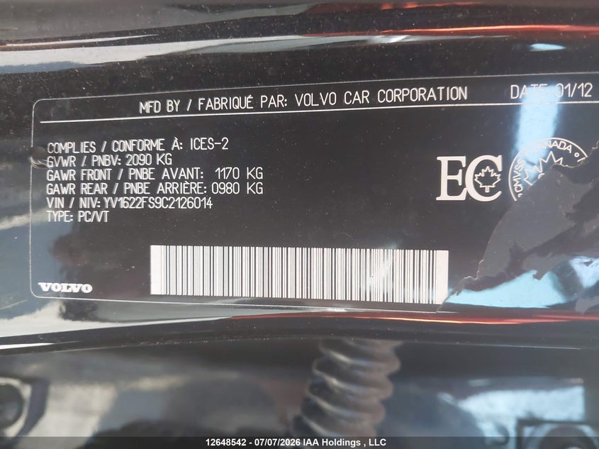 2012 Volvo S60 T5 VIN: YV1622FS9C2126014 Lot: 12648542