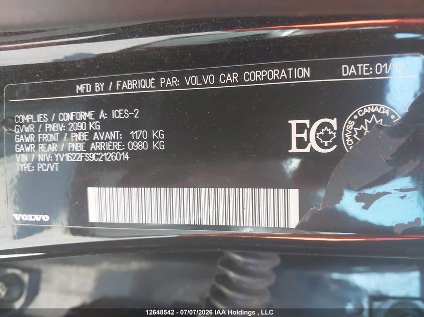 2012 Volvo S60 T5 VIN: YV1622FS9C2126014 Lot: 12648542