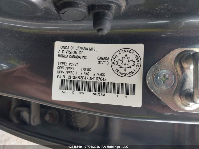 2013 HONDA CIVIC SEDAN 1.8L I-4 VVT, 140HP
