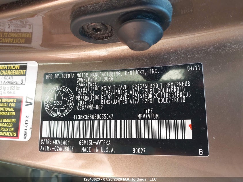 2011 Toyota Venza Base V6 VIN: 4T3BK3BB0BU055047 Lot: 12648623