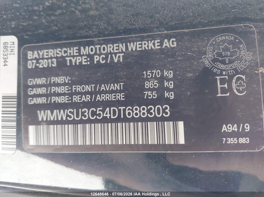2013 Mini Hatch Cooper VIN: WMWSU3C54DT688303 Lot: 12648646