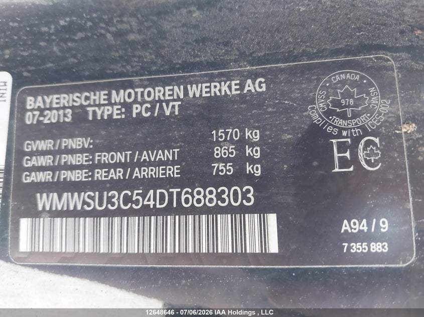 2013 Mini Hatch Cooper VIN: WMWSU3C54DT688303 Lot: 12648646