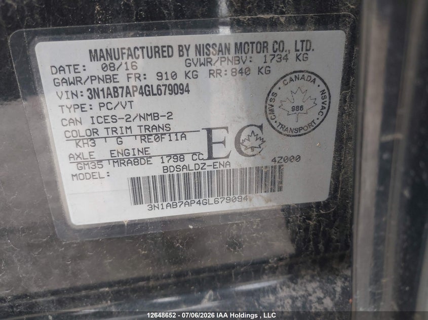 2016 NISSAN SENTRA SEDAN 1.8L I-4 DOHC, VVT, 130HP