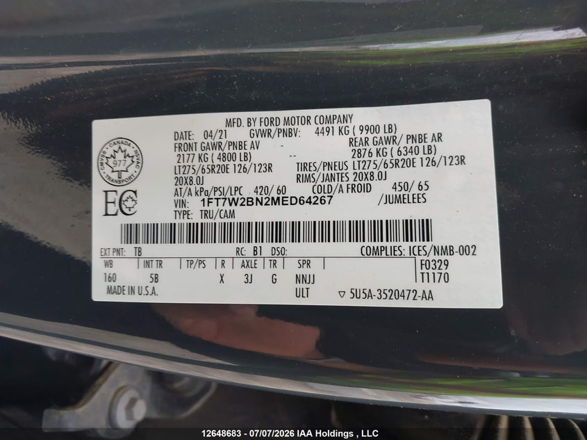 2021 Ford F-250 King Ranch/Lariat/Platinum/Xl/Xlt VIN: 1FT7W2BN2MED64267 Lot: 12648683