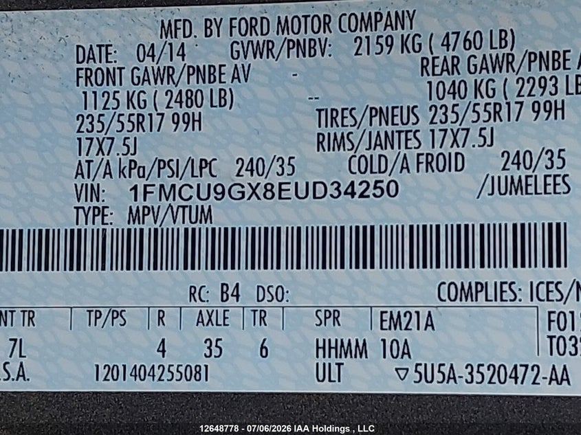 2014 FORD ESCAPE SPORT UTILITY VEHICLE 1.6L I4 FI DOHC 16V NF4