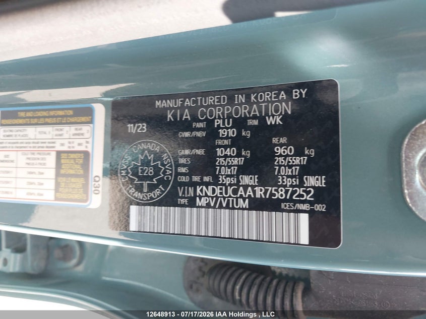 2024 Kia Seltos S VIN: KNDEUCAA1R7587252 Lot: 12648913
