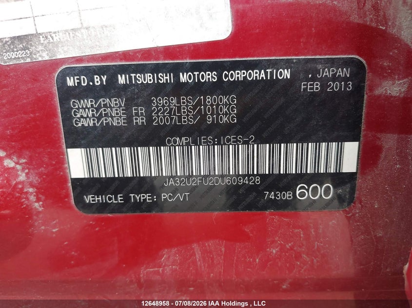 2013 Mitsubishi Lancer VIN: JA32U2FU2DU609428 Lot: 12648958
