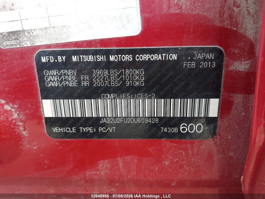 2013 Mitsubishi Lancer VIN: JA32U2FU2DU609428 Lot: 12648958