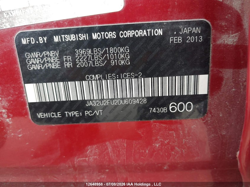2013 Mitsubishi Lancer VIN: JA32U2FU2DU609428 Lot: 12648958