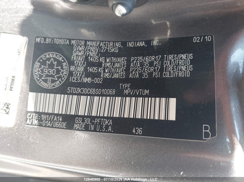 2011 TOYOTA SIENNA VAN 3.5L V-6 DOHC, VVT, 266HP