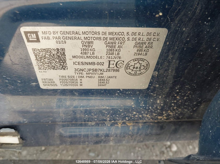 2019 CHEVROLET TRAX SPORT UTILITY VEHICLE 1.4L I-4 DOHC, VVT, TURBO, 138HP