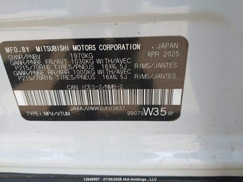 2025 Mitsubishi Rvr VIN: JA4AJVAW4SU603637 Lot: 12648997