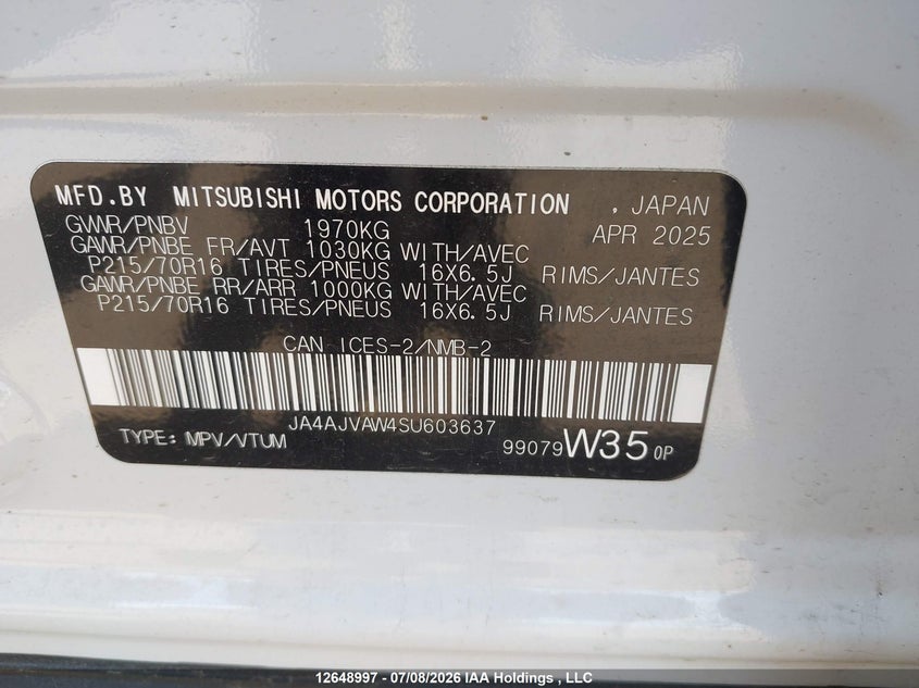 2025 Mitsubishi Rvr VIN: JA4AJVAW4SU603637 Lot: 12648997