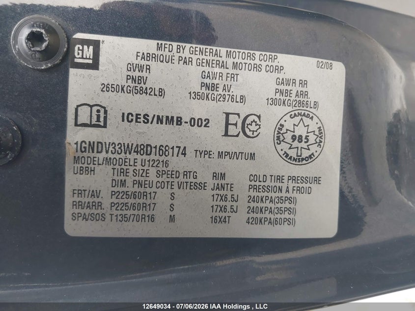 2008 Chevrolet Uplander Lt VIN: 1GNDV33W48D168174 Lot: 12649034