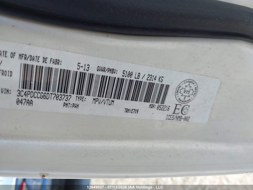 2013 Dodge Journey VIN: 3C4PDCCG6DT703737 Lot: 12649037