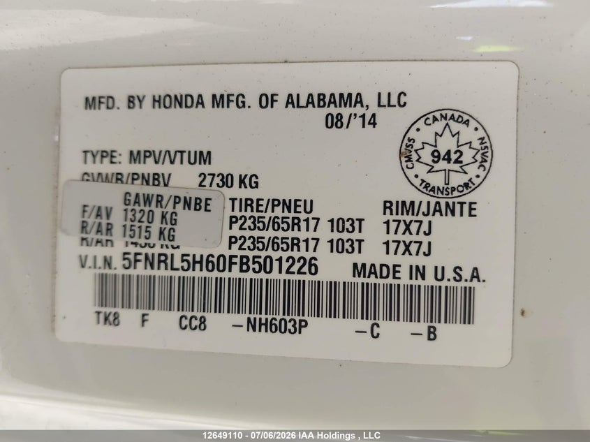 2015 Honda Odyssey VIN: 5FNRL5H60FB501226 Lot: 12649110