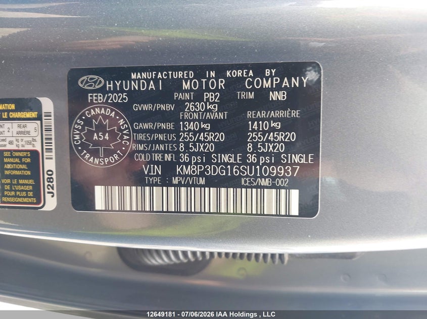 2025 Hyundai Santa Fe Preferred Hybrid Awd With Trend Package VIN: KM8P3DG16SU109937 Lot: 12649181