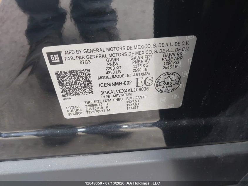 2019 GMC Terrain Slt VIN: 3GKALVEX4KL109036 Lot: 12649350