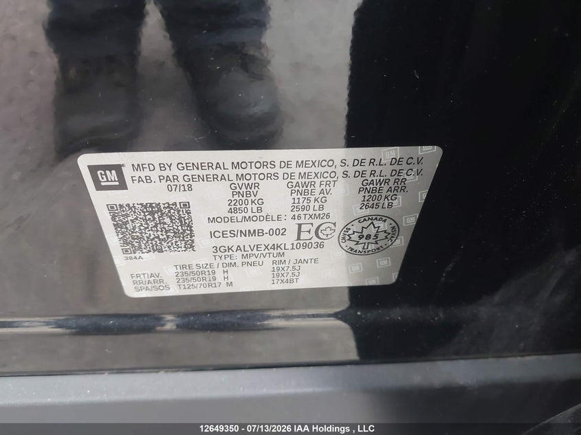 2019 GMC Terrain Slt VIN: 3GKALVEX4KL109036 Lot: 12649350