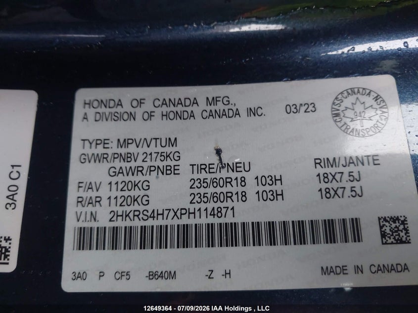 2023 Honda Cr-V Ex-L VIN: 2HKRS4H7XPH114871 Lot: 12649364
