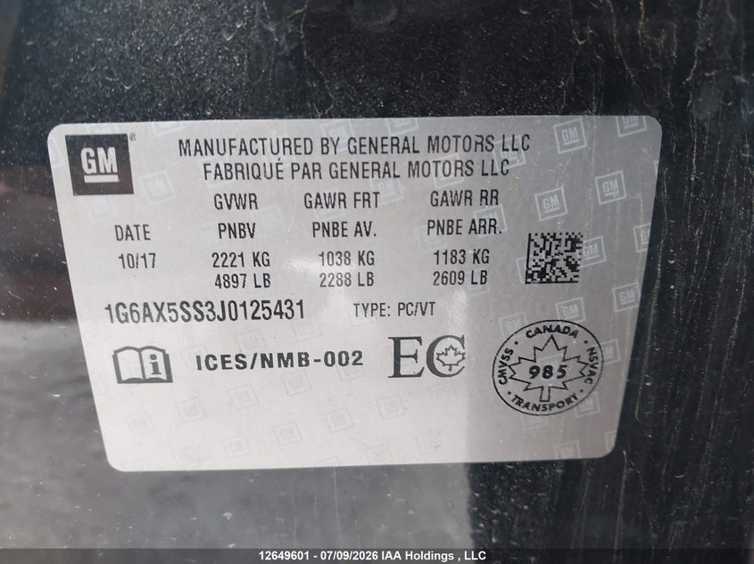 2018 CADILLAC CTS SEDAN 3.6L V-6 DI, DOHC, VVT, 335HP