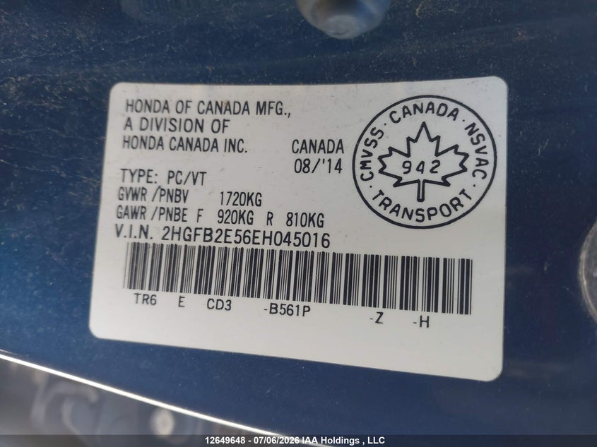 2014 Honda Civic Ex 4Dr VIN: 2HGFB2E56EH045016 Lot: 12649648