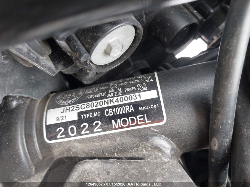 2022 Honda Cb1000 Ra VIN: JH2SC8020NK400031 Lot: 12649657