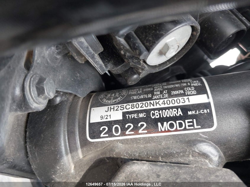 2022 Honda Cb1000 Ra VIN: JH2SC8020NK400031 Lot: 12649657