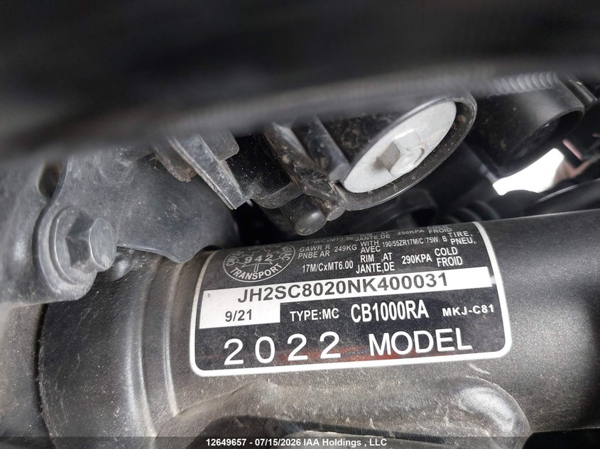 2022 Honda Cb1000 Ra VIN: JH2SC8020NK400031 Lot: 12649657