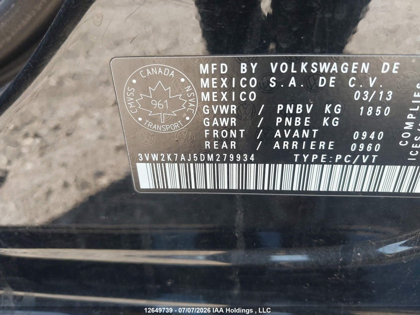 2013 Volkswagen Jetta S VIN: 3VW2K7AJ5DM279934 Lot: 12649739