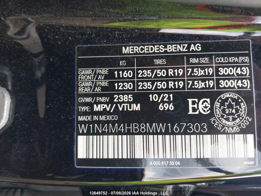 2021 Mercedes-Benz Glb 250 4Matic VIN: W1N4M4HB8MW167303 Lot: 12649752
