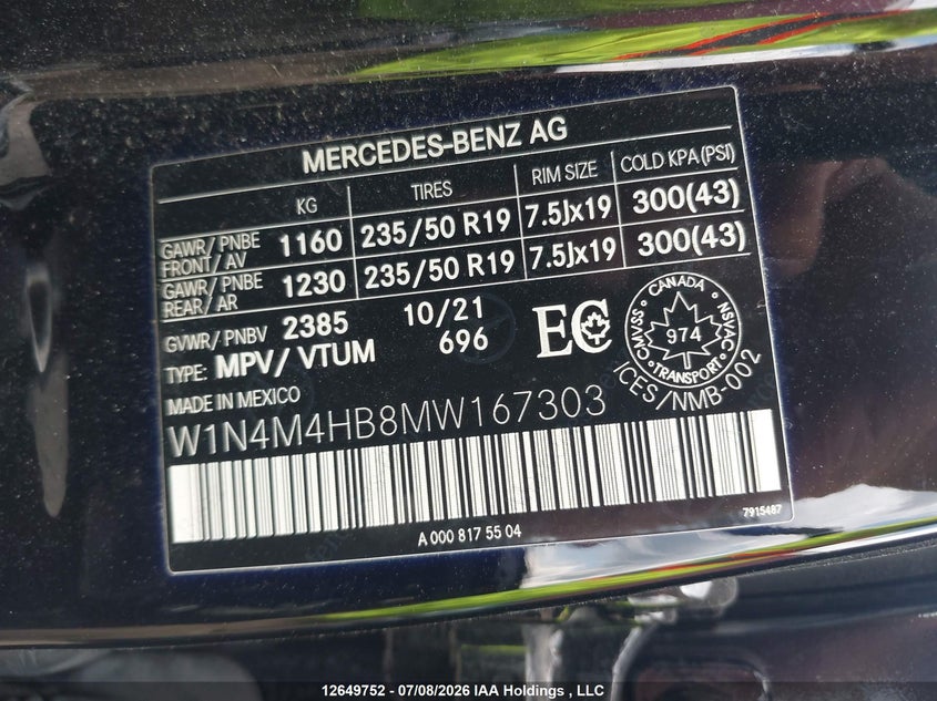 2021 Mercedes-Benz Glb 250 4Matic VIN: W1N4M4HB8MW167303 Lot: 12649752
