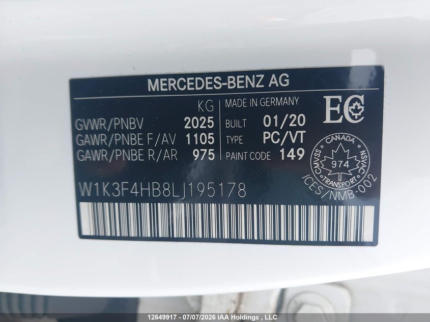 2020 Mercedes-Benz A 250 4Matic VIN: W1K3F4HB8LJ195178 Lot: 12649917
