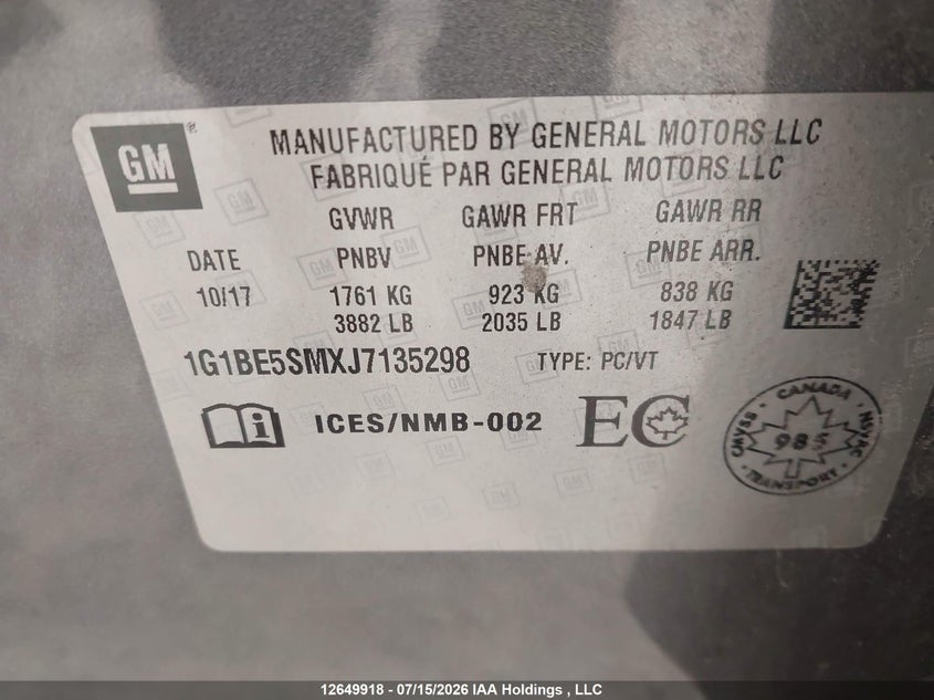 2018 Chevrolet Cruze Lt VIN: 1G1BE5SMXJ7135298 Lot: 12649918