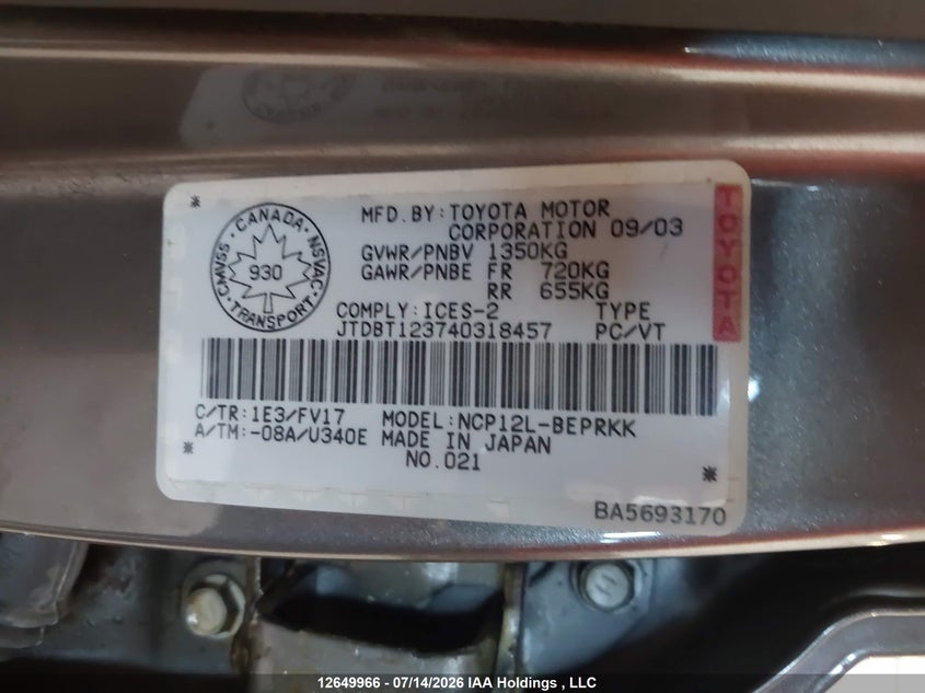 2004 Toyota Echo VIN: JTDBT123740318457 Lot: 12649966