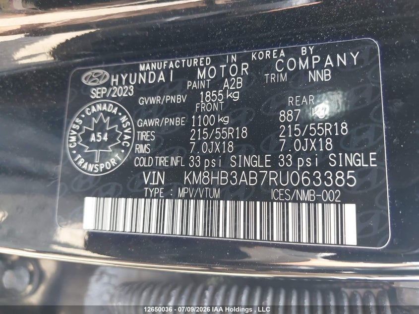 2024 Hyundai Kona VIN: KM8HB3AB7RU063385 Lot: 12650036