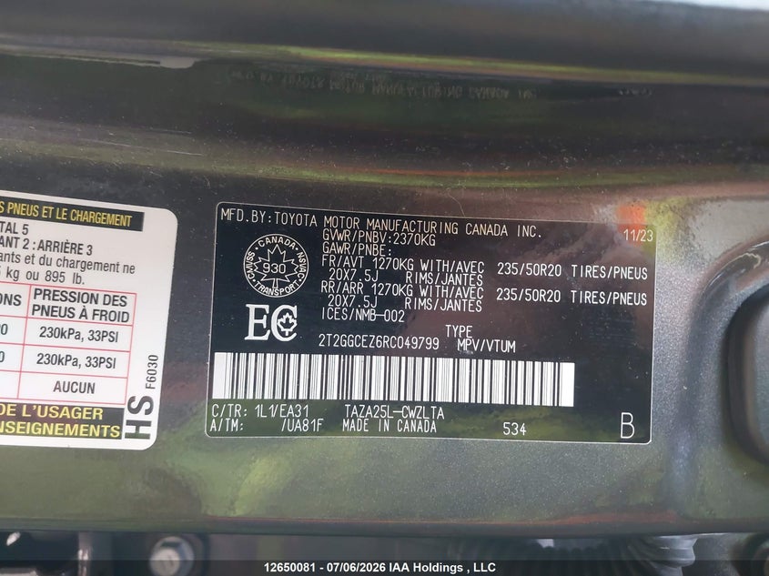 2024 Lexus Nx 350 VIN: 2T2GGCEZ6RC049799 Lot: 12650081