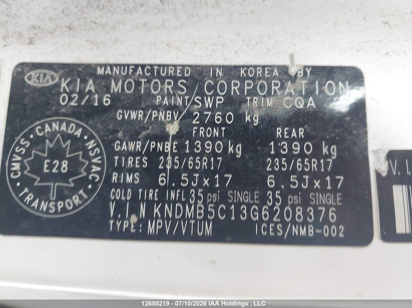 2016 Kia Sedona VIN: KNDMB5C13G6208376 Lot: 12650219