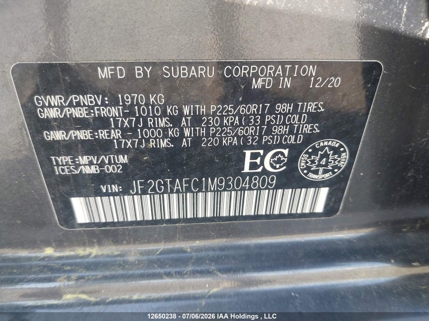2021 SUBARU XV SPORT UTILITY VEHICLE 2.0L H-4 DI, DOHC, VVT, 152HP