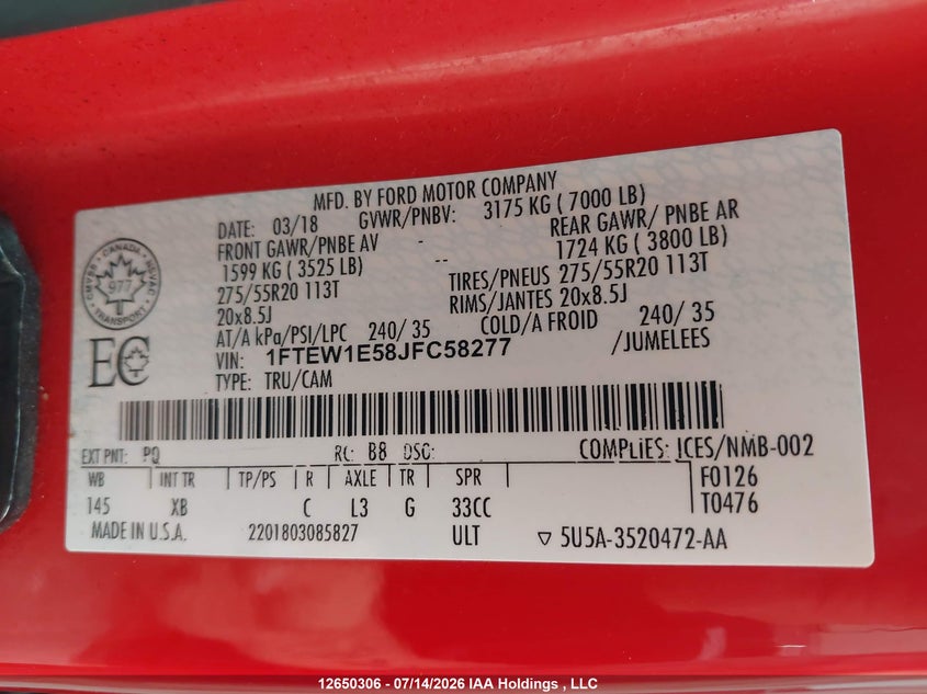 2018 FORD F-150 PICKUP 5.0L V-8 DI, DOHC, VVT, 395HP