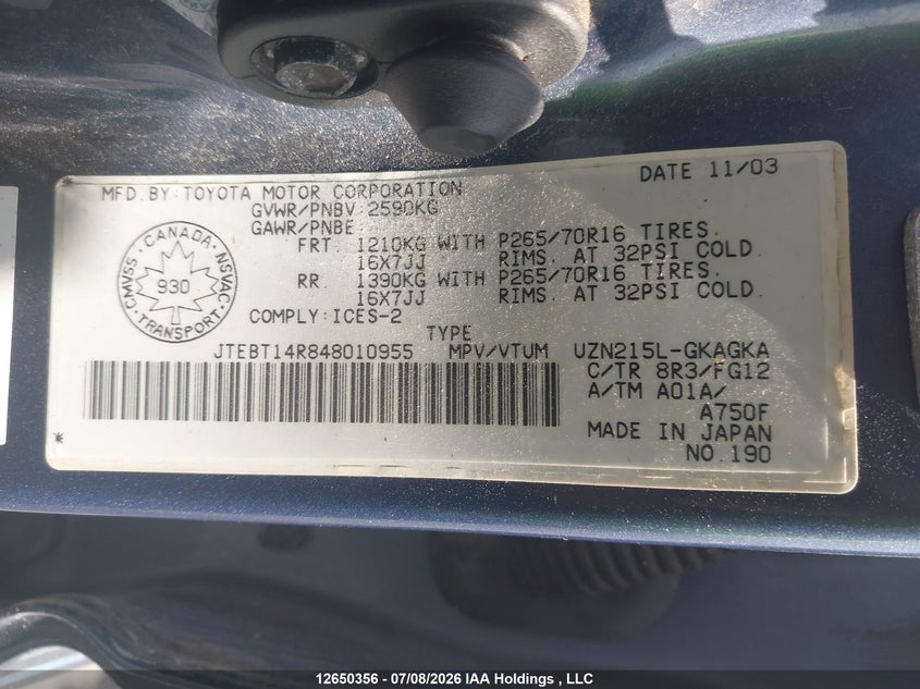 2004 Toyota 4Runner Sr5 V8 VIN: JTEBT14R848010955 Lot: 12650356